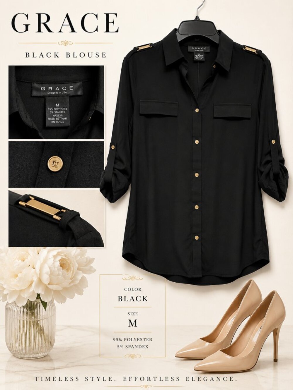 Grace Black Button-Down Oversized Top Size M NWT Classic Collared Blouse
